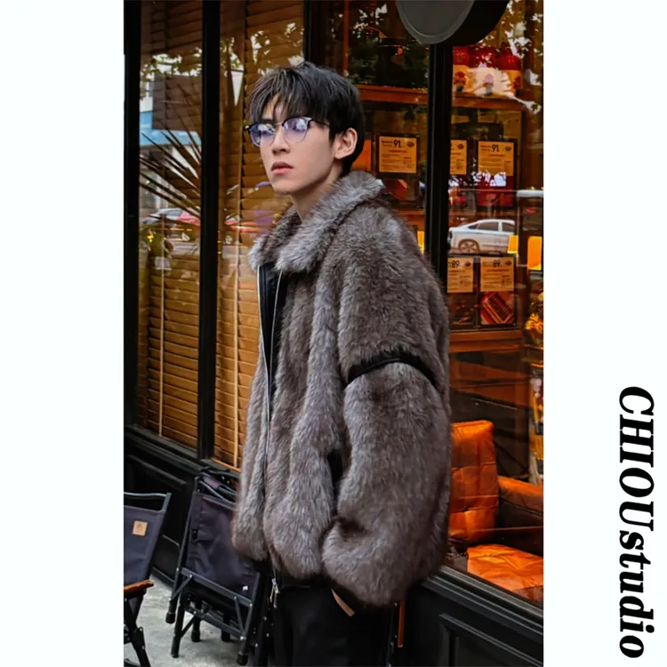 轻奢高级感灰色仿水貂毛毛外套男冬季仿皮草cleanfit环保貂皮大衣