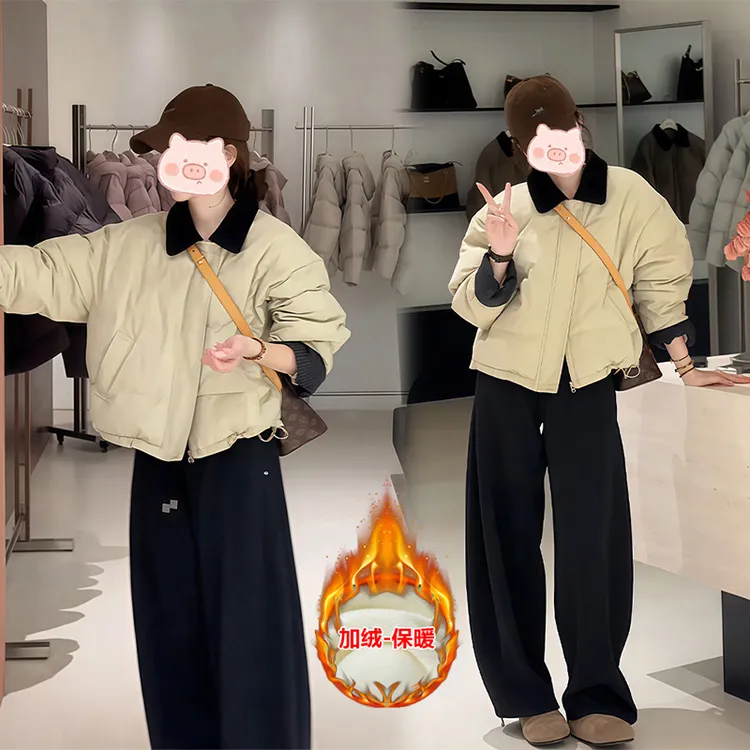 冬季新款韩版设计感简约百搭翻领棉服外套加绒休闲裤两件套女装