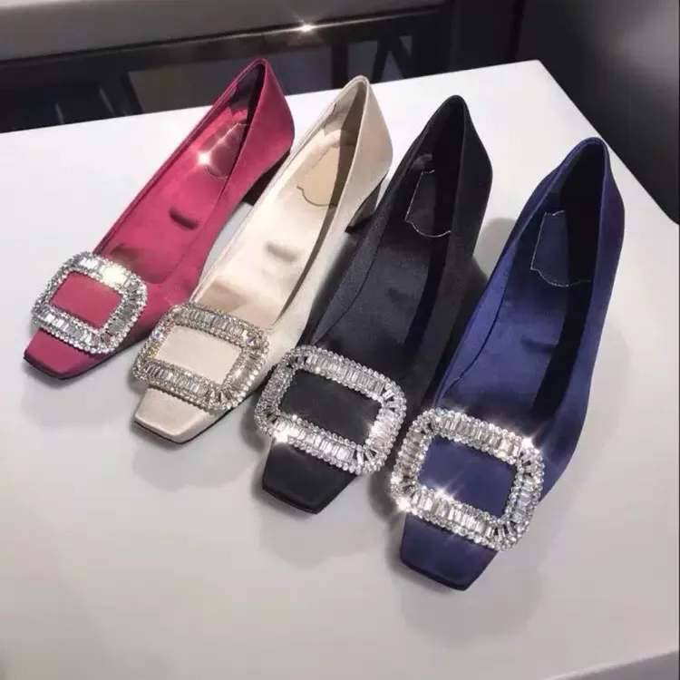 方头欧美风水钻单鞋女婚鞋粗跟中跟绸缎2025新款秋季鞋女高跟鞋子