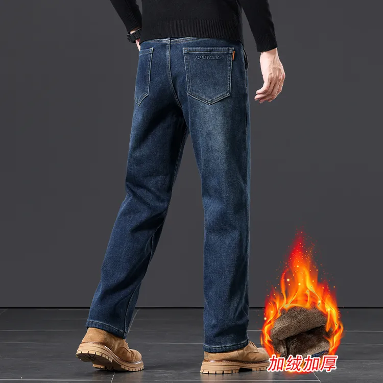 香港高端复古水洗牛仔裤男宽松直筒2025冬季加绒加厚弹力潮流长裤