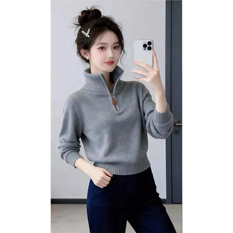 高级感灰色半拉链高领针织打底衫女2025秋冬新款时尚软糯单穿上衣