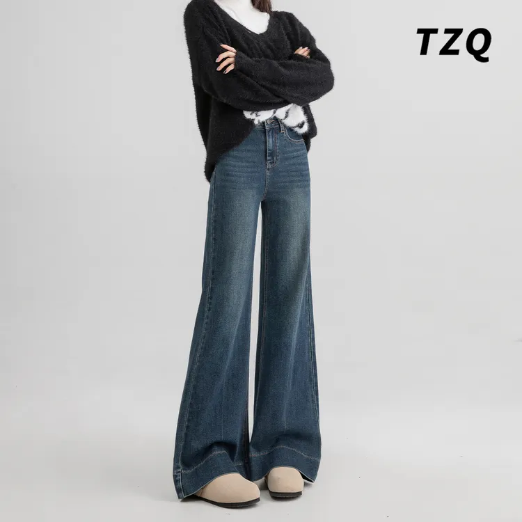 韩版复古蓝微喇牛仔裤女2025年秋季高腰百搭显瘦拖地马蹄喇叭裤子