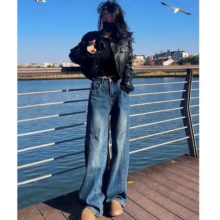 美式复古弯刀牛仔裤女秋季新款直筒裤大码胖mm高腰宽松显瘦阔腿裤