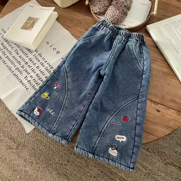 中小童女宝中腰秋冬季时尚加绒长裤牛仔裤洋气秋季女