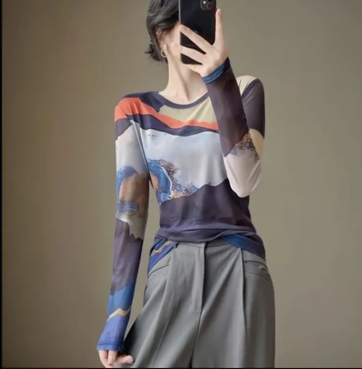 洋气正版网纱上衣女爆款2025 新款秋冬长䄂独特漂亮上衣C2141
