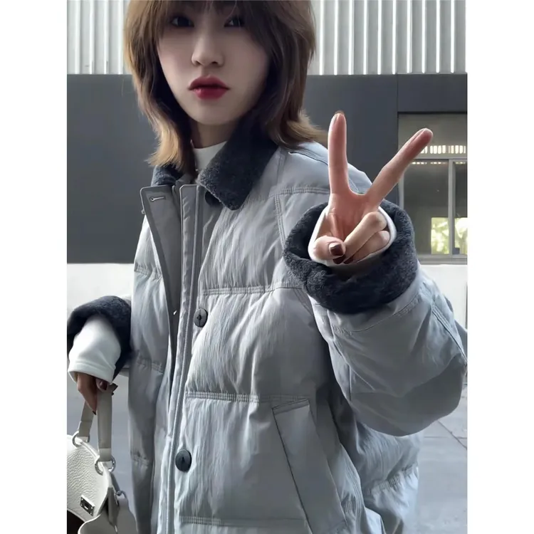 韩系设计感撞色棉服女冬季新款简约气质减龄通勤百搭保暖棉衣外套