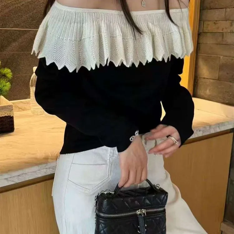 流行站2025秋季新款毛衣设计师款法式一字肩荷叶边针织衫上衣女