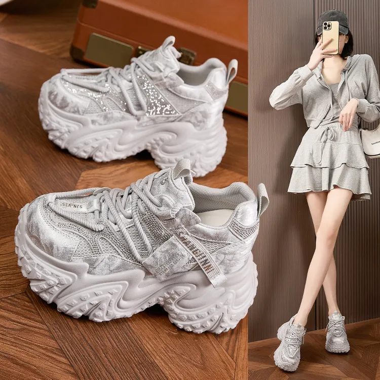 水钻时尚9cm内增高老爹鞋女厚底新款春季小个子休闲运动鞋松糕潮