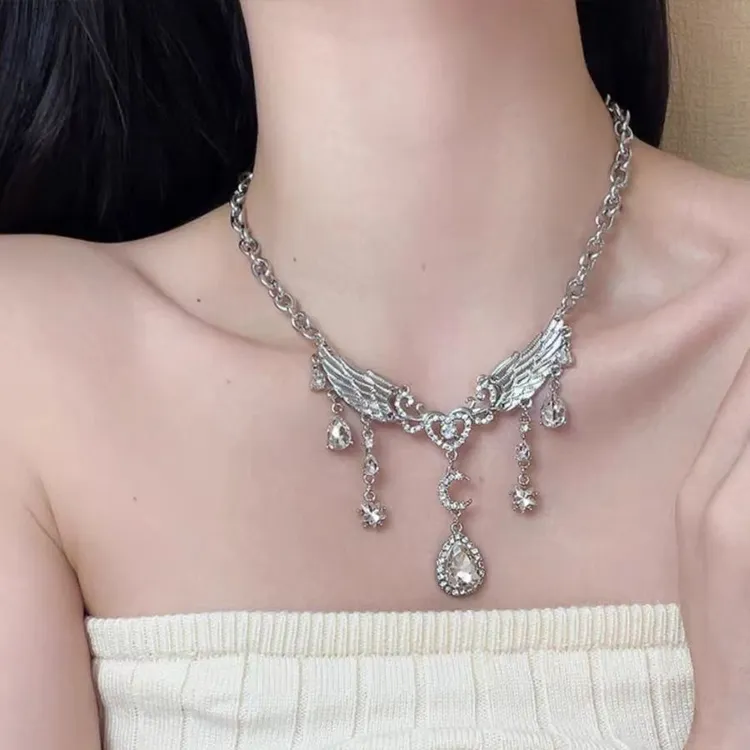 合金项链 X0096 甜酷风天使翅膀水滴流苏项链女轻奢气质高级感锁