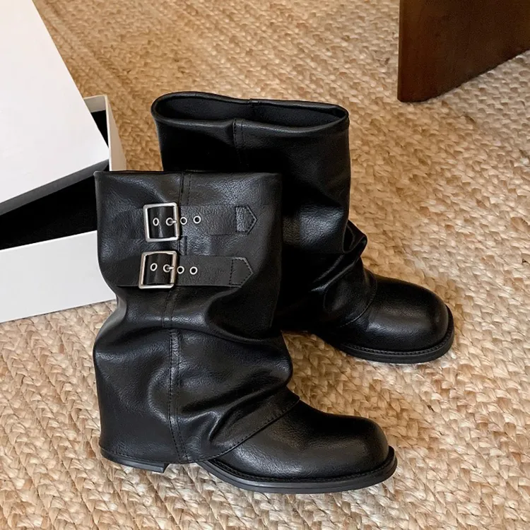 啄木鸟法式辣妹风皮带扣粗跟裤管靴女秋冬时尚百搭炸街绒面堆堆靴
