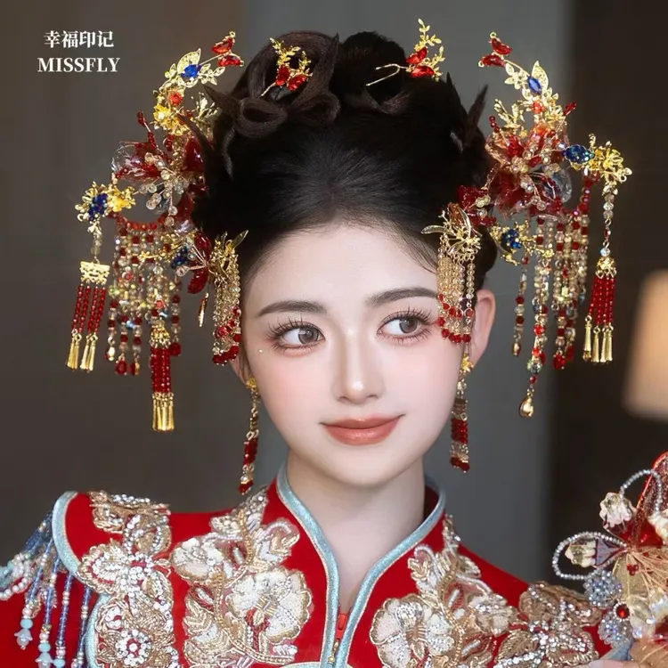 金红蓝色秀禾头饰新娘旗袍汉服新中式水凝胶花朵分体套装发饰减龄