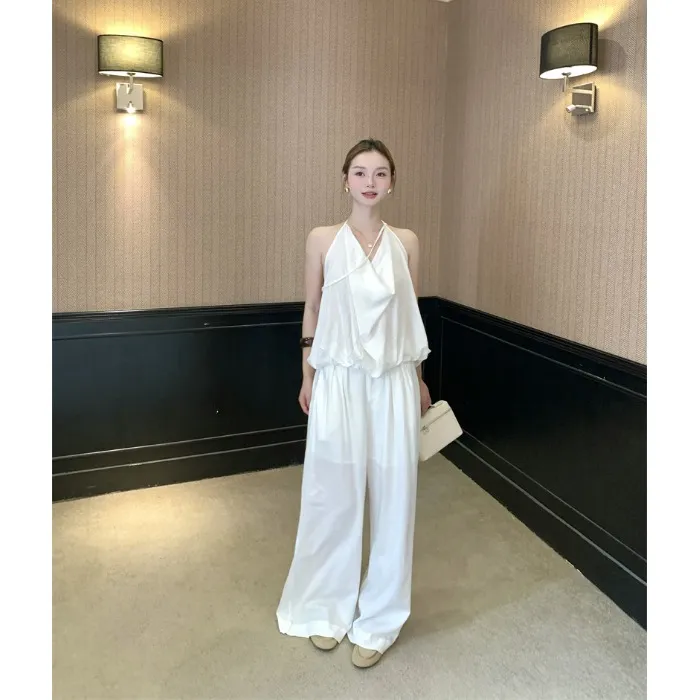 设计感白色荡领挂脖背心吊带女夏季垂感高腰显瘦休闲裤长裤两件套