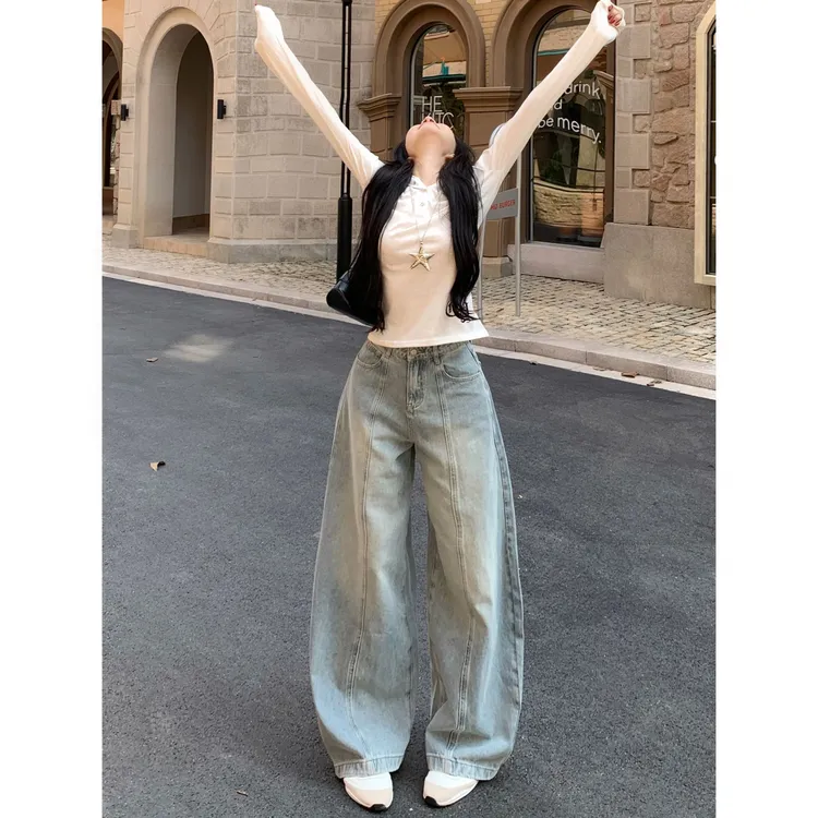 潮流浅色宽松阔腿牛仔裤女2025年早秋新款高腰百搭休闲拖地弯刀裤