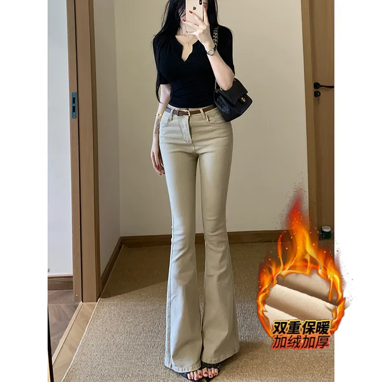 老钱风复古卡其色加绒微喇牛仔裤女2025冬季新款高腰弹力显瘦长裤