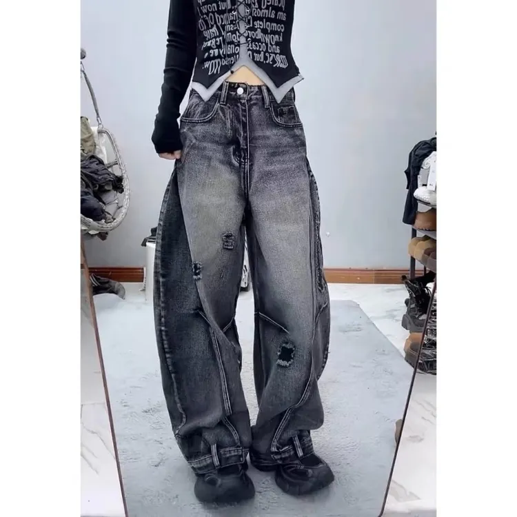 欧货高街割破做旧弯刀牛仔裤女2025破洞新款高腰宽松显瘦阔腿裤子