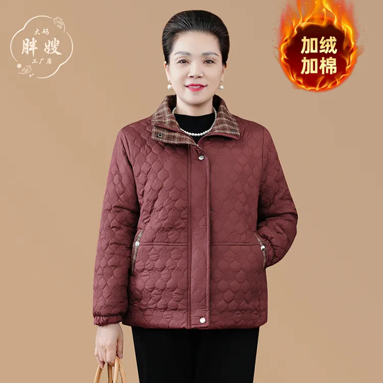 冬季新款时尚加绒加厚棉服外套中老年女装妈妈装宽松休闲保暖外套
