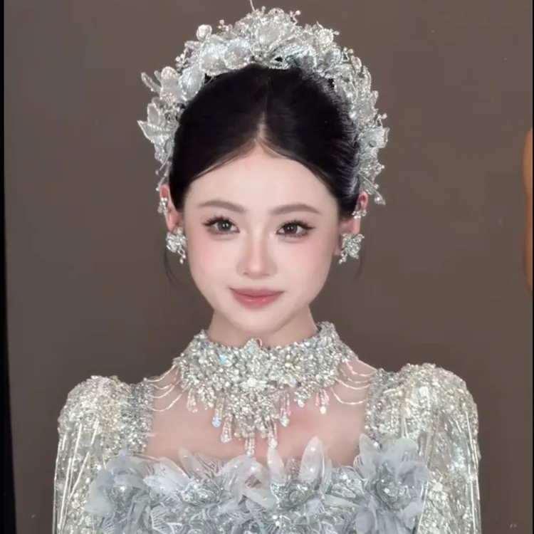6878新款加厚银色重工皇冠婚礼仪式主纱头饰影楼跟妆