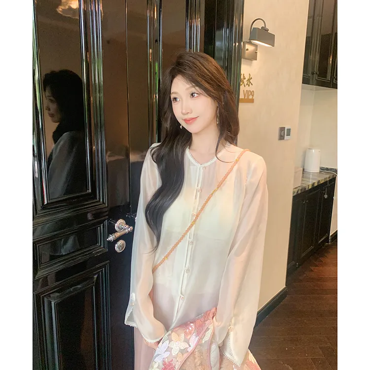 档口【冰清玉洁】新中式薄款长袖开衫2025女夏季单排扣纯色衬衫