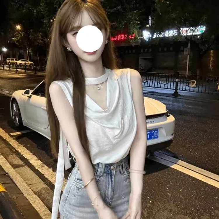 温柔风设计感飘带荡领无袖衬衫女2025夏季新款百搭韩版无袖上衣潮