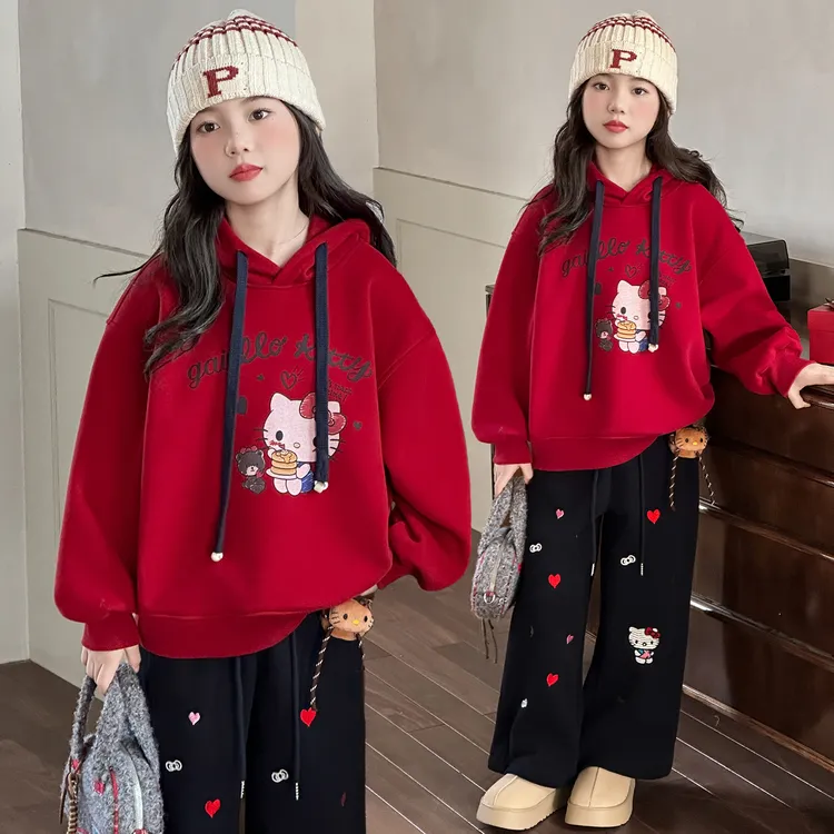 女童加绒卫衣秋冬2025新款洋气女孩冬季衣服大童加厚红色套头上衣