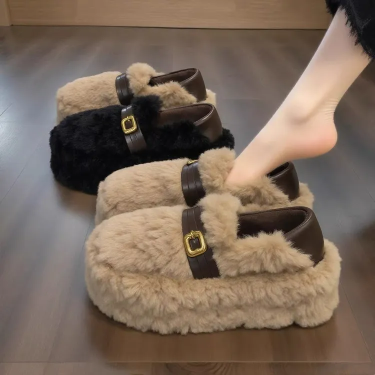 【羊羔绒】厚底毛毛鞋女外穿2025冬季新款网红百搭真皮防滑加绒棉鞋