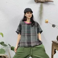 110018绿格领口拼接双层纱砍袖紫上衣（前59后61胸围126