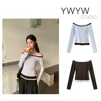 【YWYW25F/W】秋季纯色一字肩长袖假两件拼接修身打底T恤5581