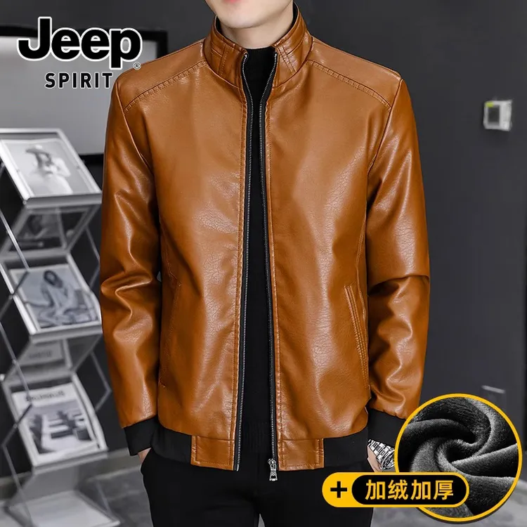 JEEPSPIRIT吉普加绒加厚皮衣男士潮牌帅气冬季加绒机车服舒适外套