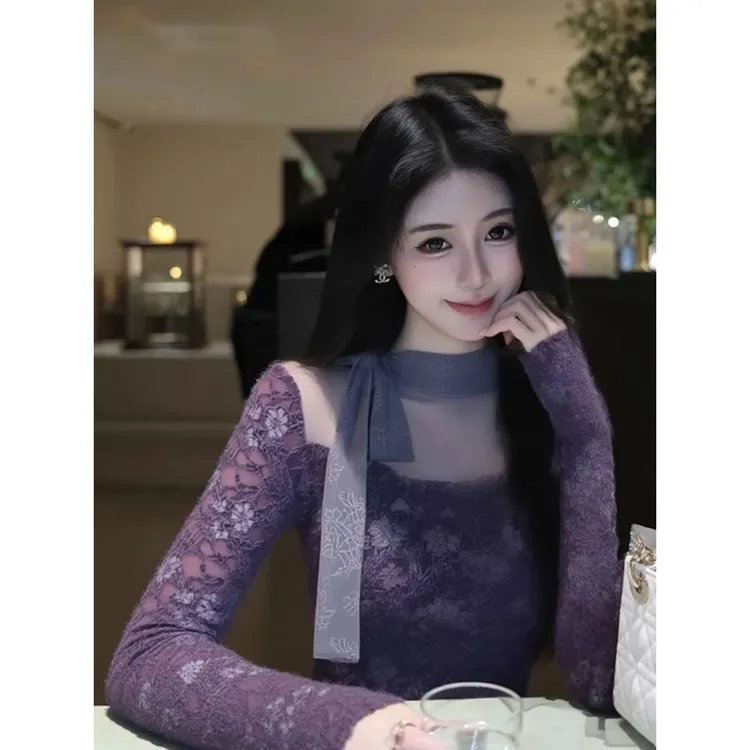 韩系超好看紫色内搭蕾丝打底衫女秋冬纯欲修身蝴蝶结绑带小衫上衣