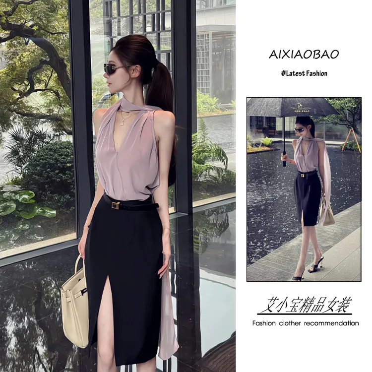 夏季2025年新款女装韩系穿搭轻熟风气质优雅飘带上衣半身裙两件套