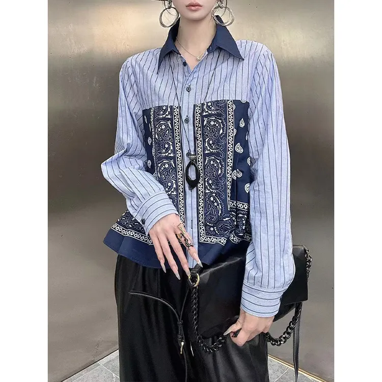 x6136#蓝色竖条纹衬衫女秋季新款宽松显瘦遮肉衬衣百搭小众上衣