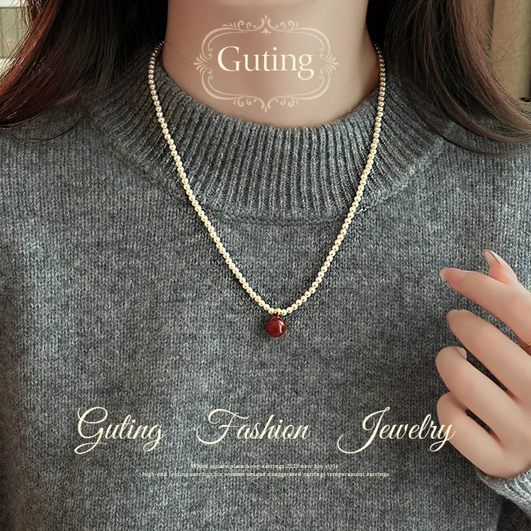 铜合金合成锆石吊坠 【全额运补】 5774红色珠珠毛衣链配饰高级轻奢