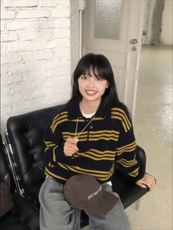 软糯高级感条纹Polo领100%羊毛针织衫女宽松显瘦长袖毛衣打底上衣