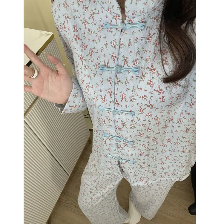 带胸垫睡衣女款爆款2025新款新国风睡衣长袖长裤秋季家居服套装