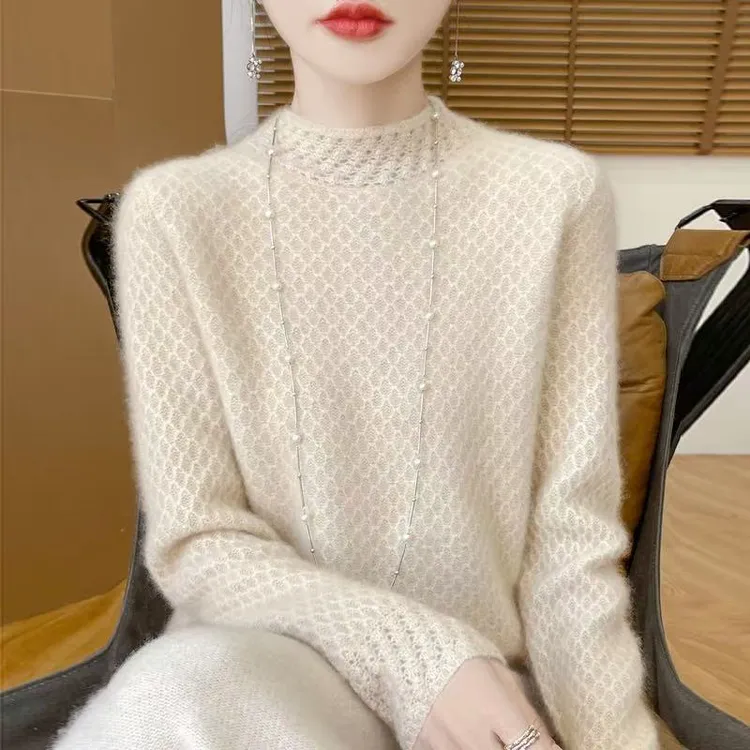 商场同款100%纯羊毛衫镂空秋冬新款16针保暖加厚半高领毛衣