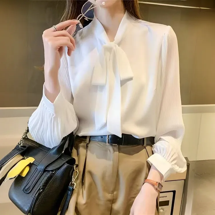 9158法式蝴蝶结白色衬衫女2025春季新款雪纺飘带领宽松长袖上衣