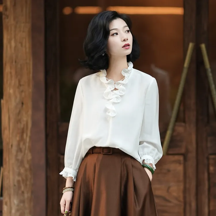 西子/【月光美人】醋酸桑蚕丝拉夫领长袖白色上衣/SYTJ085