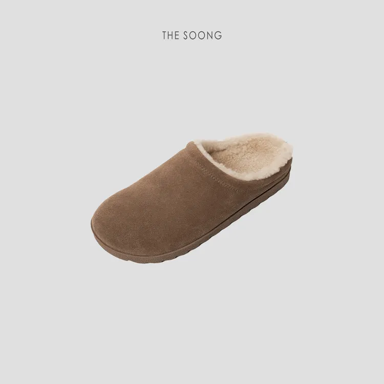 THESOONG|"毛毛博肯鞋"牛反绒羊毛内里百搭包头拖鞋HWXZ8012