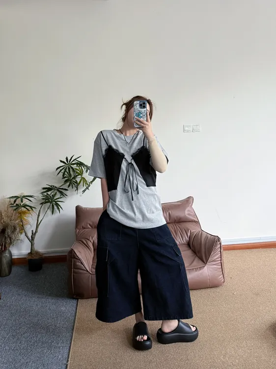 夏季小众设计感假两件蕾丝拼接圆领棉质T恤宽松复古慵懒风百搭