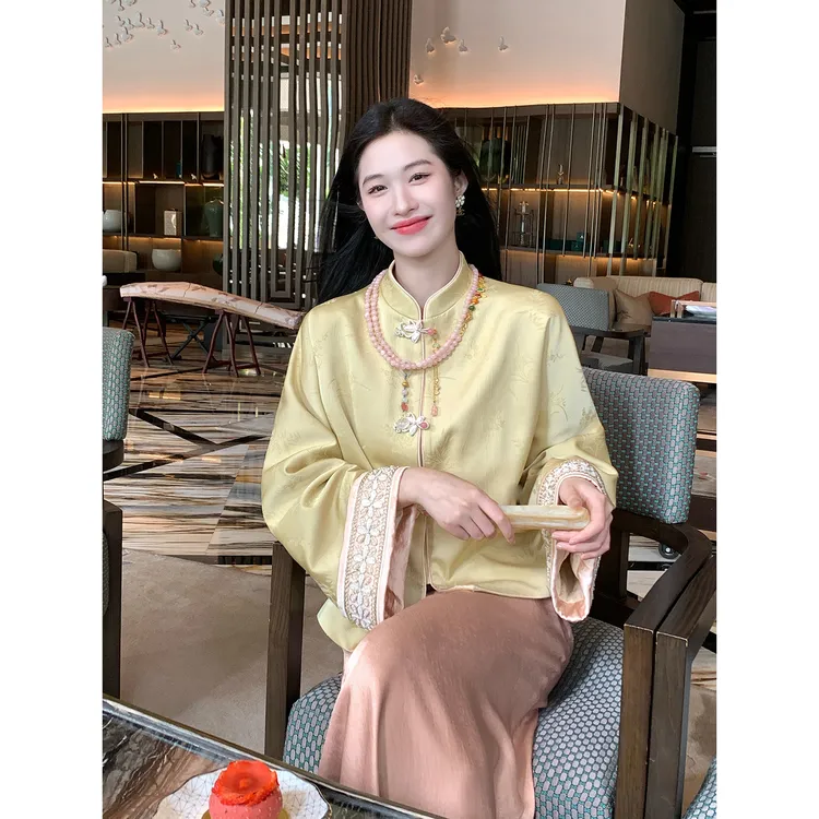 凌茜恣禾【青辞】国风新中式提花钉珠长袖外套气质百搭显瘦立领上衣
