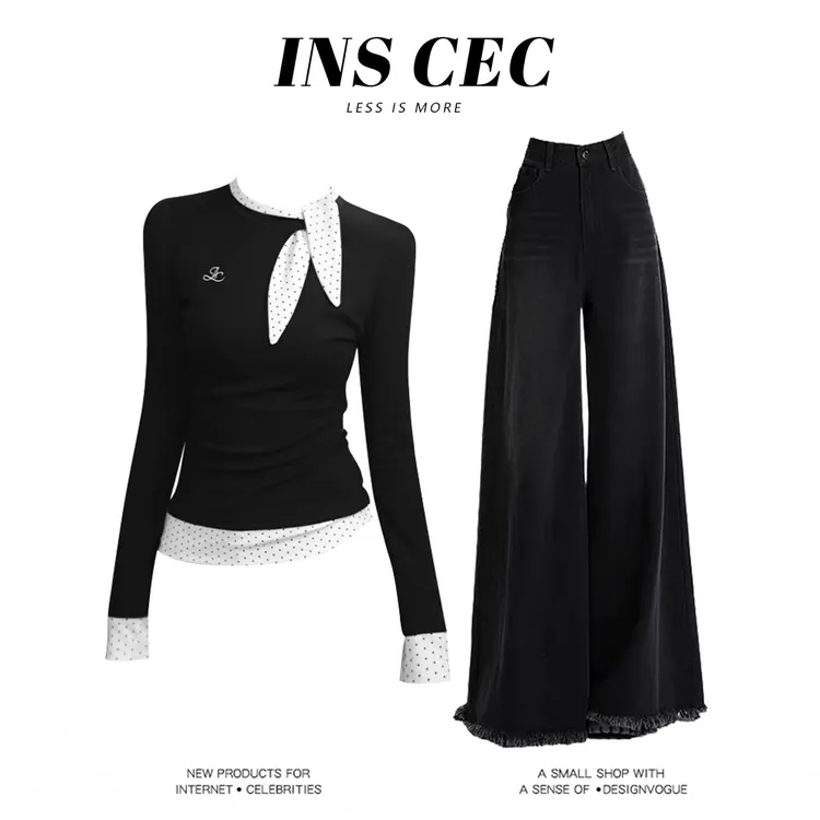 INS CEC韩式学院风蝴蝶结撞色长袖T恤高腰减龄宽松阔腿裤两件套
