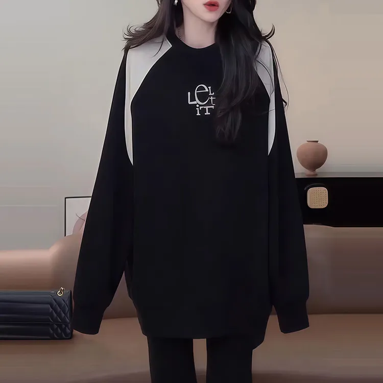 2025秋冬新款时尚女装韩版休闲风拼色圆领长袖卫衣气质百搭上衣潮
