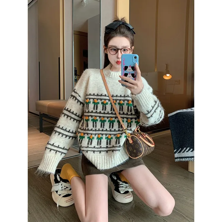 复古撞色提花毛衣女秋冬2025新款加厚慵懒风设计感小个子针织衫
