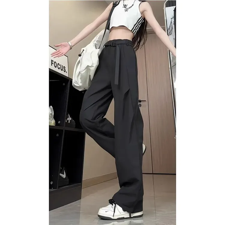 黑色褶皱冰丝速干裤子男夏薄款腰带美式伞兵工装裤宽松直筒休闲裤