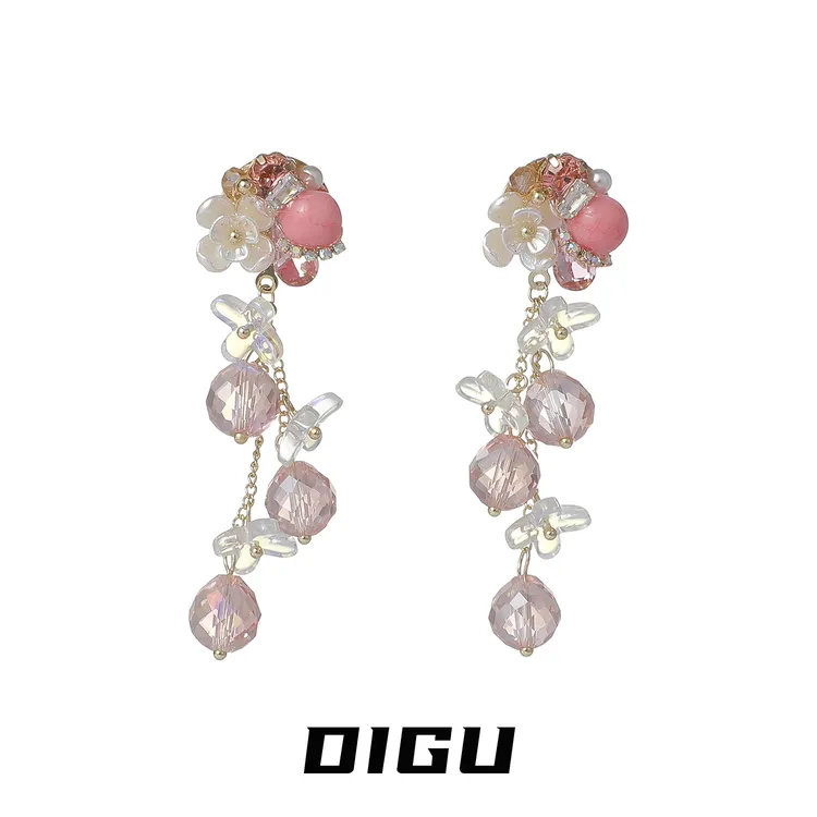 嘀咕家 铜合金亚克力耳饰 浪漫花朵蝴蝶耳环水晶流苏耳钉夏季耳饰