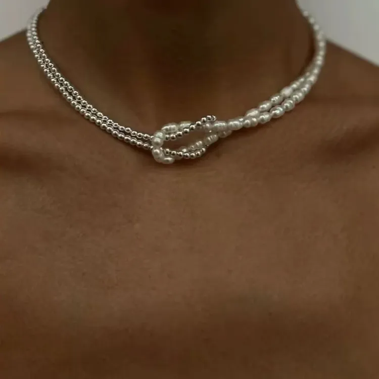 坠链均925银 小众设计感新款淡水银珠双层打结项链 百搭时尚高级