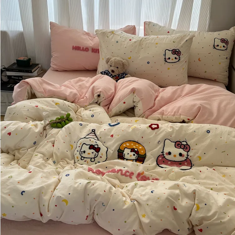 妙优可少女粉ins芝士碎可爱猫咪毛巾绣四件套床单学生三件套床笠