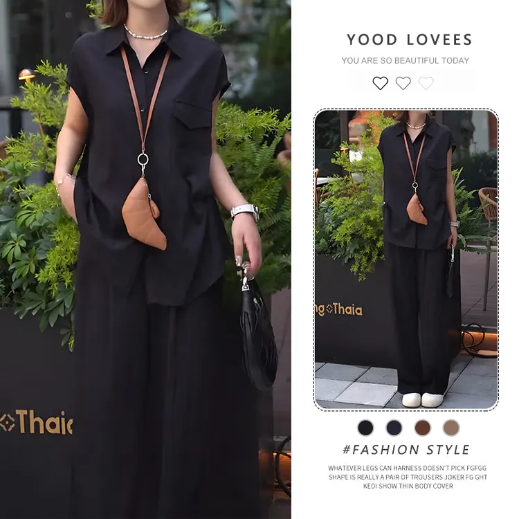 时尚休闲套装女2025夏季防晒宽松短袖衬衫+高腰显瘦直筒裤两件套