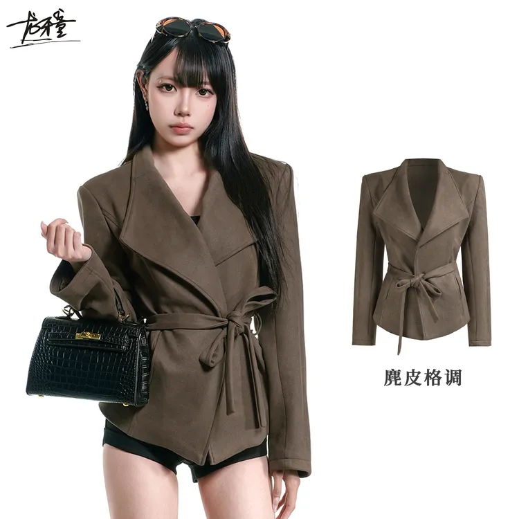 龙牙童推荐【麂皮格调】秋冬复古港式古早外套气质欧美辣妹百搭翻领