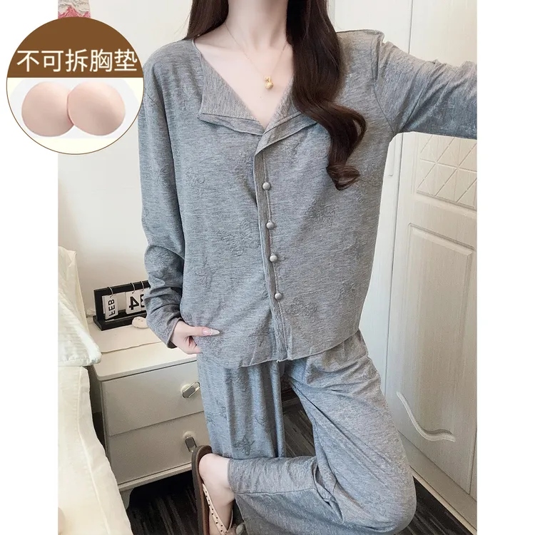 带胸垫一体式睡衣女春秋季长袖休闲风少女可外穿新款家居服套装冬